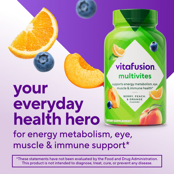 vitafusion Multivites Gummy 70 Count bottle. Supports energy metabolism, eye, muscle & immune health, Berry, Peach, & Orange flavors.
