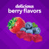 Graphic reads 'delicious berry flavors' and shows a strawberry, blueberries, and three red swirled gummies.