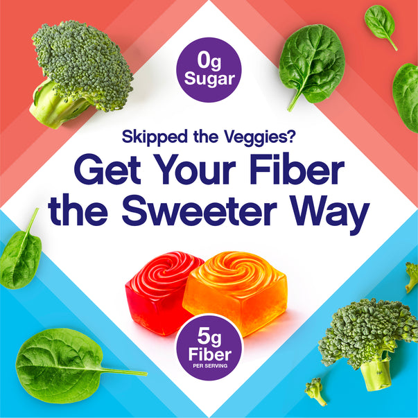 Two red and orange swirl gummies with text '0g Sugar', 'Skipped the Veggies? Get Your Fiber the Sweeter Way', and '5g Fiber PER SERVING'.
