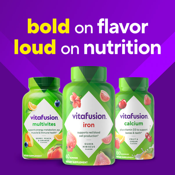 Vitafusion Iron Dietary Supplement features 60 gummies with a Guava Hibiscus flavor.