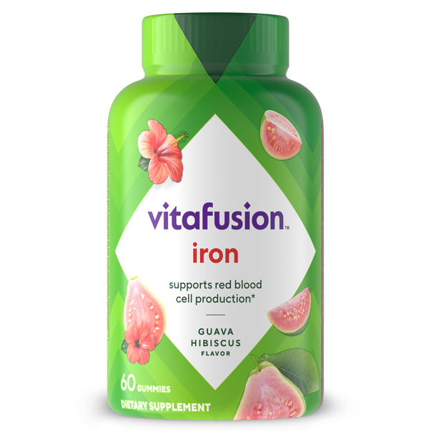 Vitafusion iron gummies, guava hibiscus flavor. Supports red blood cell production with 60 gummies.