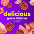 Delicious guava hibiscus FLAVOR Iron Gummies: red gift-box shaped gummies, pink guava, and orange hibiscus flowers on purple.