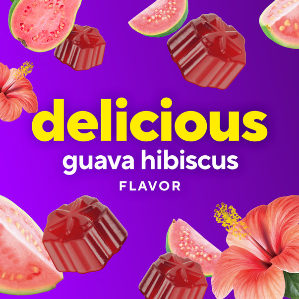 Delicious guava hibiscus FLAVOR Iron Gummies: red gift-box shaped gummies, pink guava, and orange hibiscus flowers on purple.