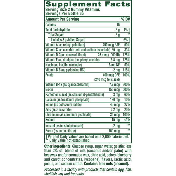 Supplement Facts panel showing nutritional information for VF Women's Multi Gummy.