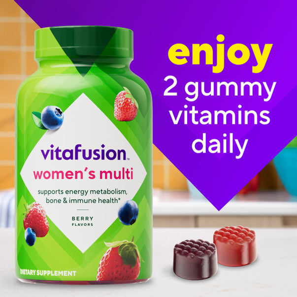 vitafusion Women's Multi Gummy vitamins, Berry Flavors. Supports energy metabolism, bone & immune health. 'enjoy 2 gummy vitamins daily'.