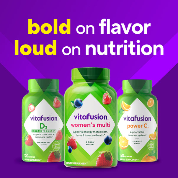 Vitafusion Women's Multi Berry Flavors gummies support energy metabolism, bone, and immune health.
