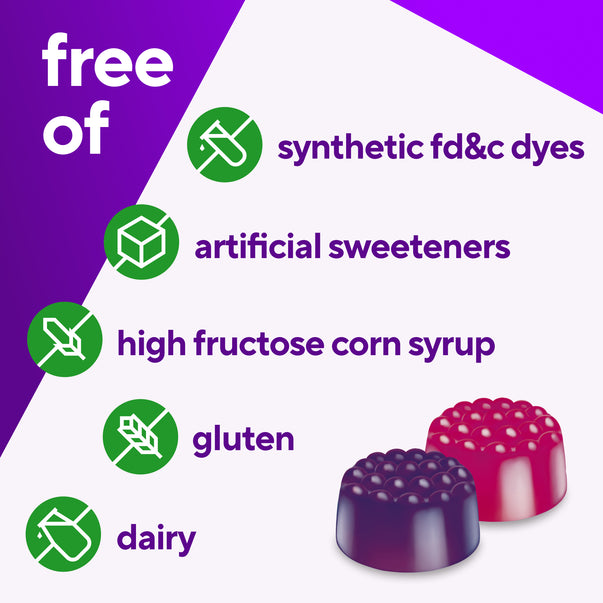 VF Women's Multi Gummy 120 count, free of synthetic fd&c dyes, artificial sweeteners, high fructose corn syrup, gluten, dairy.