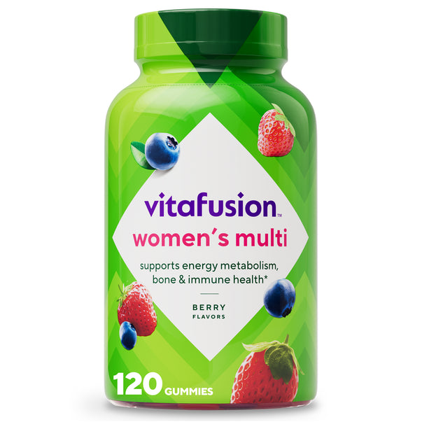 Bottle of vitafusion Women's Multivitamin with 120 gummies, supporting health and wellness for women with essential nutrients.