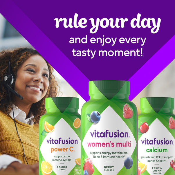Vitafusion Women's Multi Gummy in berry flavors supports energy metabolism, bone, and immune health.