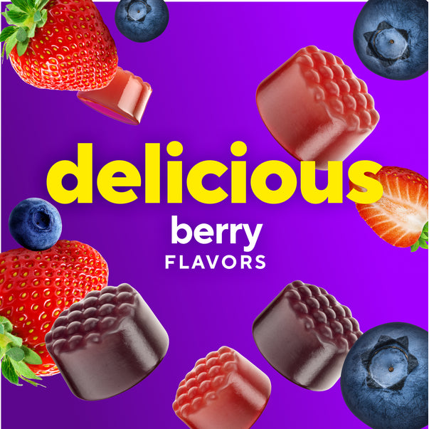 VF Women's Multi Gummy 120 Count berry-flavored gummies, shown with fresh strawberries and blueberries on a purple background.