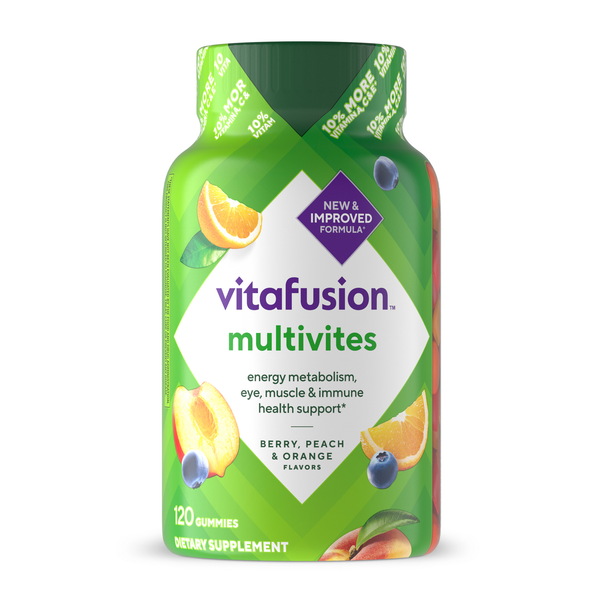Vitafusion MultiVites, 120 gummy dietary supplements, berry, peach, and orange flavors, new and improved formula.