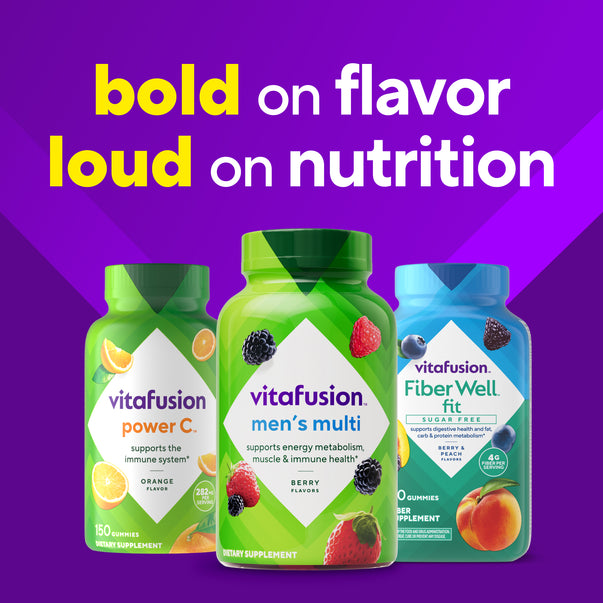 Vitafusion Men's Multi gummy (berry) between Power C (orange, 150 gummies) and FiberWell Fit (sugar free berry and peach).
