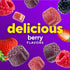 Sugar-coated red and dark purple gummies with fresh raspberries, strawberries, and blackberries. Text: 'delicious berry flavors'.