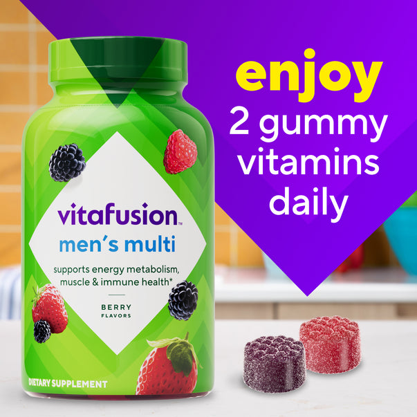 Vitafusion men's multi gummy vitamin bottle, berry flavors, with two red and purple gummies. Text: 'enjoy 2 gummy vitamins daily'.