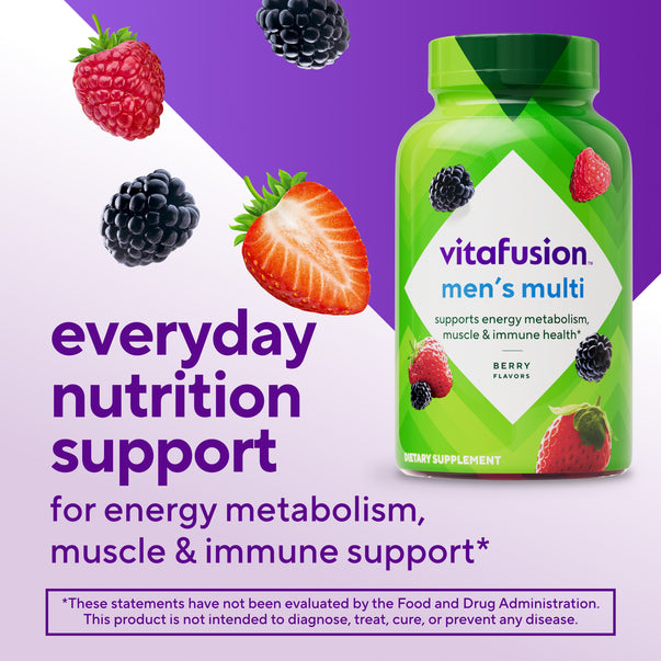 Vitafusion Men's Multi Gummies, 120 count, berry flavors, support energy metabolism, muscle, and immune health.