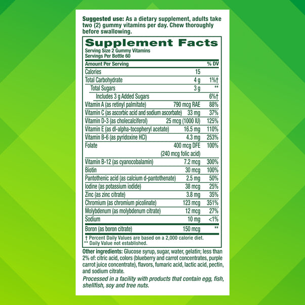 Supplement Facts panel for VF Men's Multi Gummy 4/3, 120 Count, displayed on product packaging for nutritional information review.