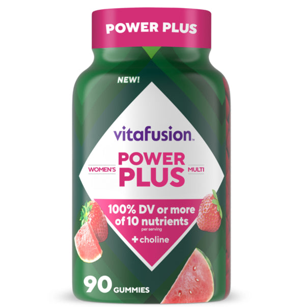 Vitafusion Power Plus Women's Multi Gummies, 90 count bottle displayed.