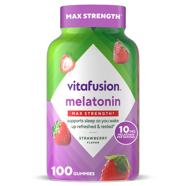 Vitafusion Melatonin MAX STRENGTH gummies in strawberry flavor, 10 mg, 100 count bottle.