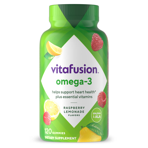 Vitafusion omega-3 gummies with raspberry lemonade flavors, containing EPA/DHA and ALA, dietary supplement.