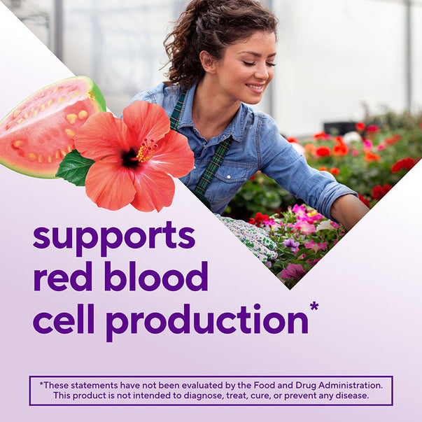 Product highlights graphic stating supports red blood cell production, featuring a woman gardening, guava, and hibiscus.