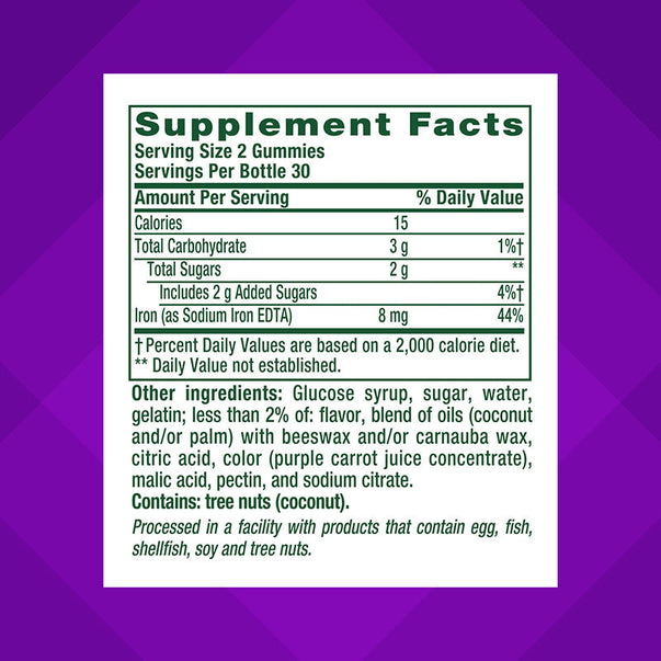 Supplement Facts panel for VF Iron Gummy 4/3, 60 count, detailing nutritional information and ingredients for the product.