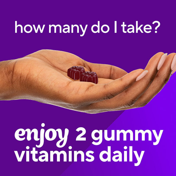 Two dark red VF Iron Gummy vitamins in a hand, asking 'how many do I take?' Consume 2 gummy vitamins daily for best results.