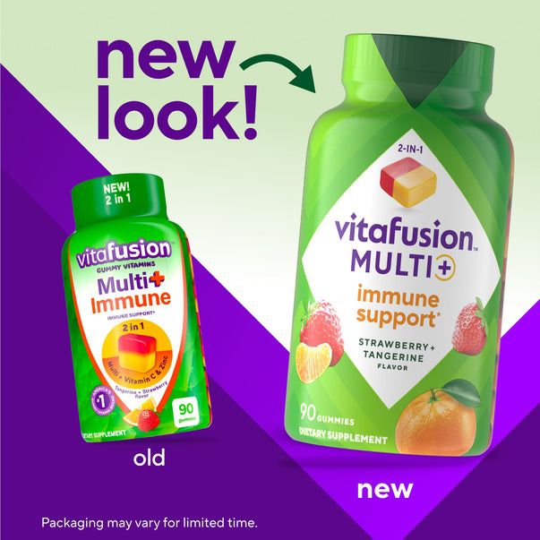 Old and new packaging of vitafusion Multi+ Immune Gummy Vitamins, 90 count, Strawberry and Tangerine Flavor.