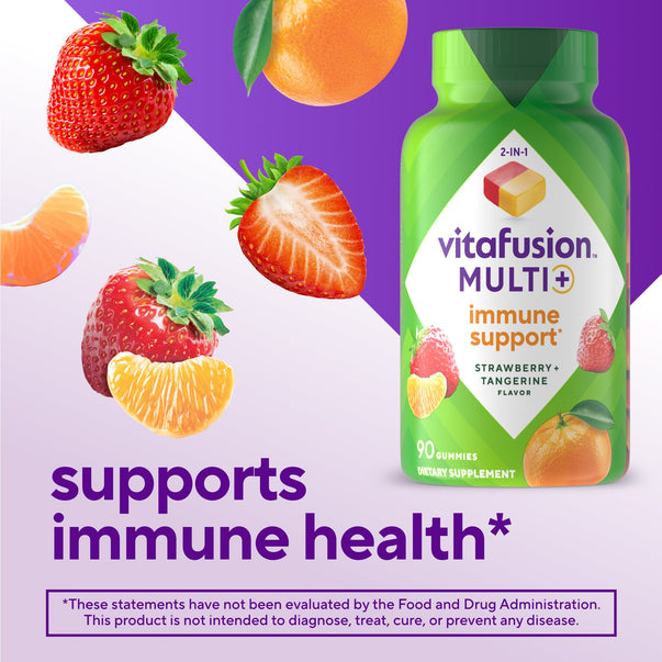 Vitafusion MULTI+ Immune Support 2-in-1 Gummies, Strawberry and Tangerine Flavor, 90 count.