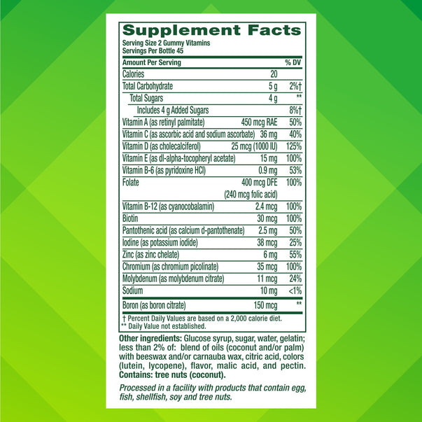 Supplement Facts label for VF Bilayer Multi + Immune Gummy, 90 count bottle.