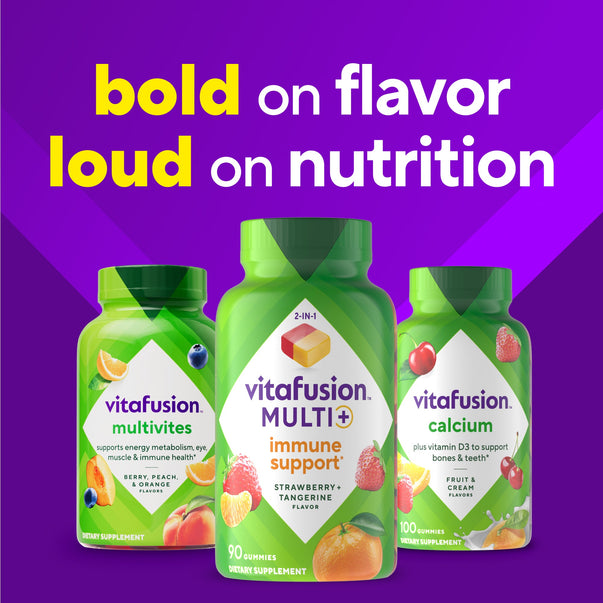 Vitafusion Multi+ Immune Support gummies, 90 count, in Strawberry and Tangerine flavor.