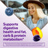 Product highlights graphic stating supports digestive health and aids fat, carb, and protein metabolism.