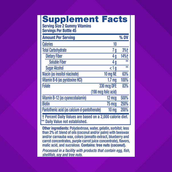 Image of the Supplement Facts panel for VF Fiber Well Fit Sugar Free Gummy, 90 Count.