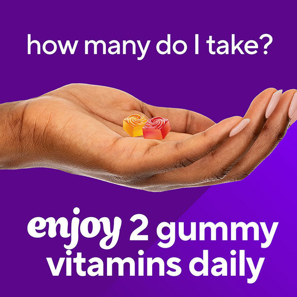 VF Fiber Well Fit Sugar Free Gummy 90 Count. Hand holds two gummies; graphic states 'enjoy 2 gummy vitamins daily'.