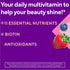 Product highlights graphic stating 11 essential nutrients, including biotin and antioxidants.