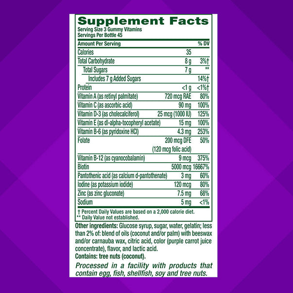 Supplement Facts panel for VF Hair, Skin & Nails Gummy, 100 count.