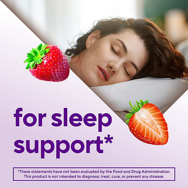 Graphic of a woman sleeping, strawberries, and text 'for sleep support*' for VF Max Strength Melatonin 10 mg Gummy.