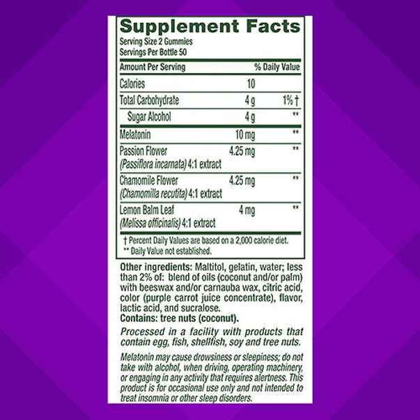 Supplement Facts for VF Max Strength Melatonin 10 mg Gummies, 100 count. Complete label shown.