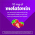 Graphic showing 10 mg of melatonin per serving to help with jet lag and support sleep, featuring three red strawberries.