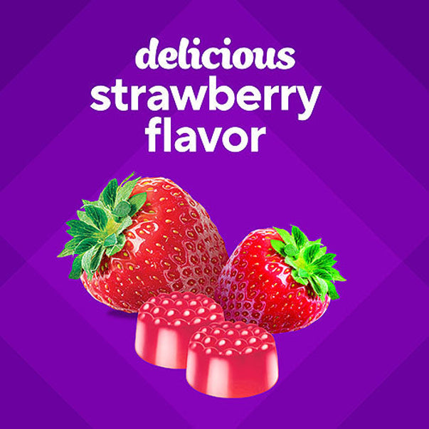 VF Max Strength Melatonin 10 mg Gummies, red, displayed with fresh strawberries and the text 'delicious strawberry flavor'.
