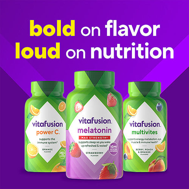 Vitafusion Melatonin Max Strength gummies, strawberry flavor, contain 10 mg melatonin per serving.