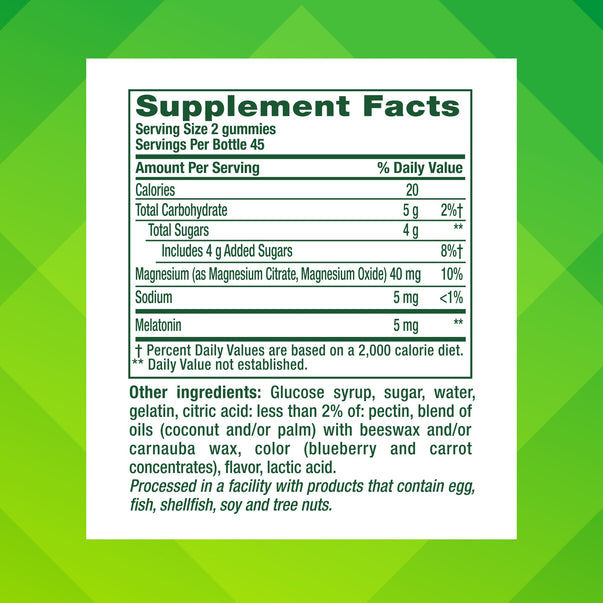 Bottle showing Supplement Facts for Melatonin 5 mg plus Magnesium Gummies, 90 count.