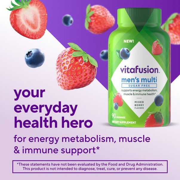 Vitafusion Men's Multi Sugar Free gummies, 90 count, Mixed Berry. Supports energy, metabolism, muscle & immune health.