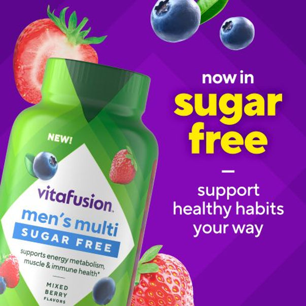 NEW! vitafusion men's multi sugar-free gummy supports energy metabolism, muscle, and immune health with mixed berry flavors.
