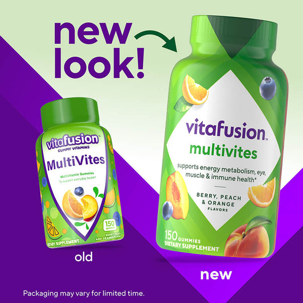 Old and new vitafusion MultiVites Gummy Vitamins packaging, featuring 150 gummies in Berry, Peach & Orange flavors.