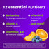 Product highlights graphic stating 12 essential nutrients: B for energy, D for muscle, A for eye, C & D for immune, and more!