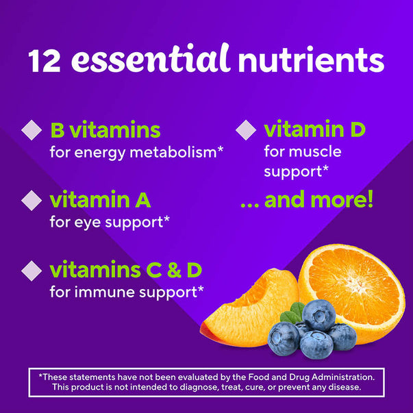 Product highlights graphic stating 12 essential nutrients: B for energy, D for muscle, A for eye, C & D for immune, and more!