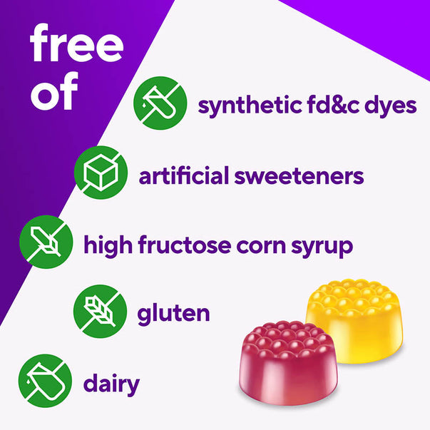 VF Multivites Gummy bottle free of synthetic dyes, artificial sweeteners, high fructose corn syrup, gluten, and dairy.