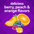 VF Multivites Gummy with berry, peach, and orange flavors. Text states 'delicious berry, peach & orange flavors'.