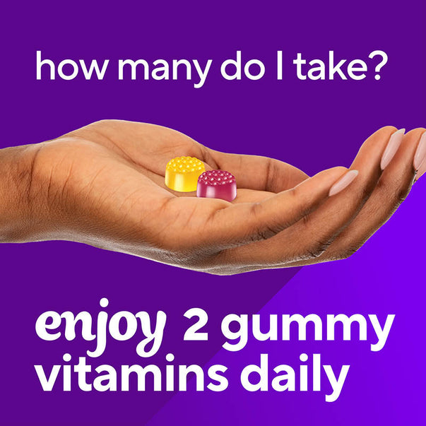 A hand holds two gummy vitamins, one yellow and one purple. Text reads: 'Enjoy 2 gummy vitamins daily.'