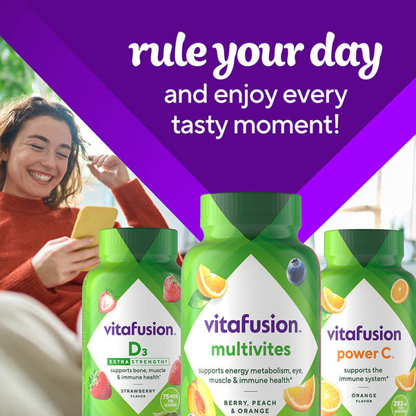 vitafusion D3 Extra Strength Strawberry gummy; vitafusion Multivites Berry/Peach/Orange gummy; vitafusion Power C Orange gummy.